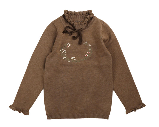 BELATI BROWN RIBBON TRIM CREST KNIT SWEATER
