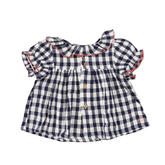 TOCOTO VINTAGE NAVY CHECKED RUFFLE COLLAR TOP