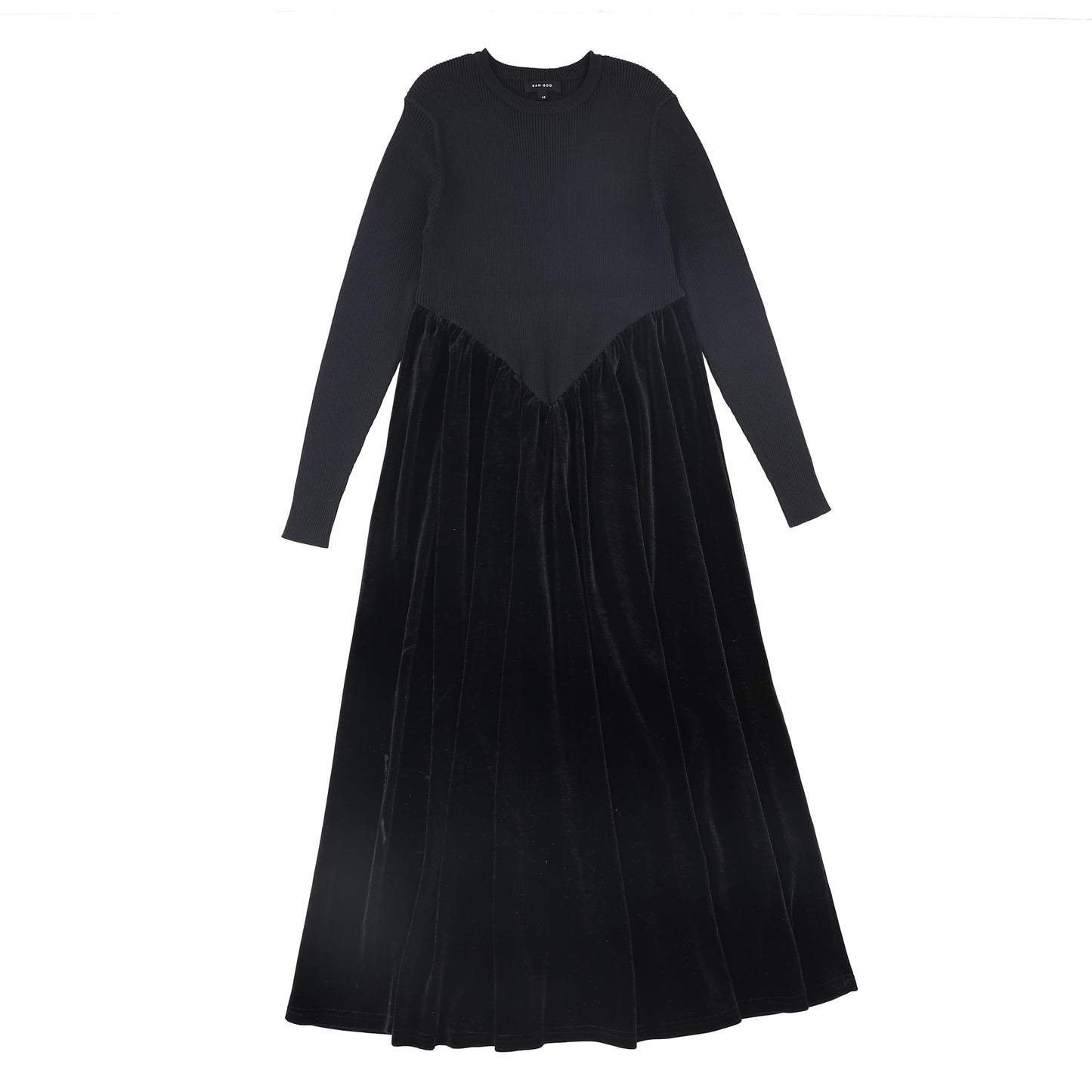 BAMBOO BLACK KNIT/VELOUR V PLEAT MAXI DRESS