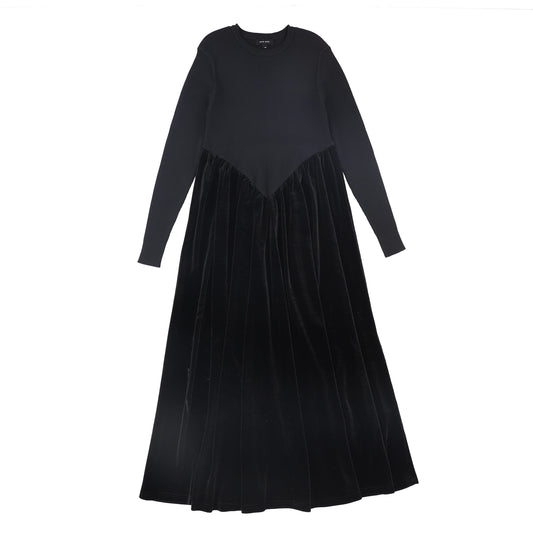 BAMBOO BLACK KNIT/VELOUR V PLEAT MAXI DRESS
