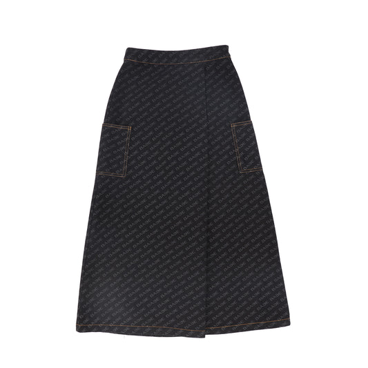 BACE COLLECTION BLACK PRINTED DENIM MAXI SKIRT