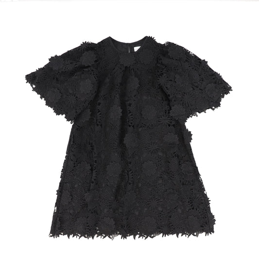 CHRISTINA ROHDE BLACK LACE APPLIQUE PUFF SLEEVE DRESS