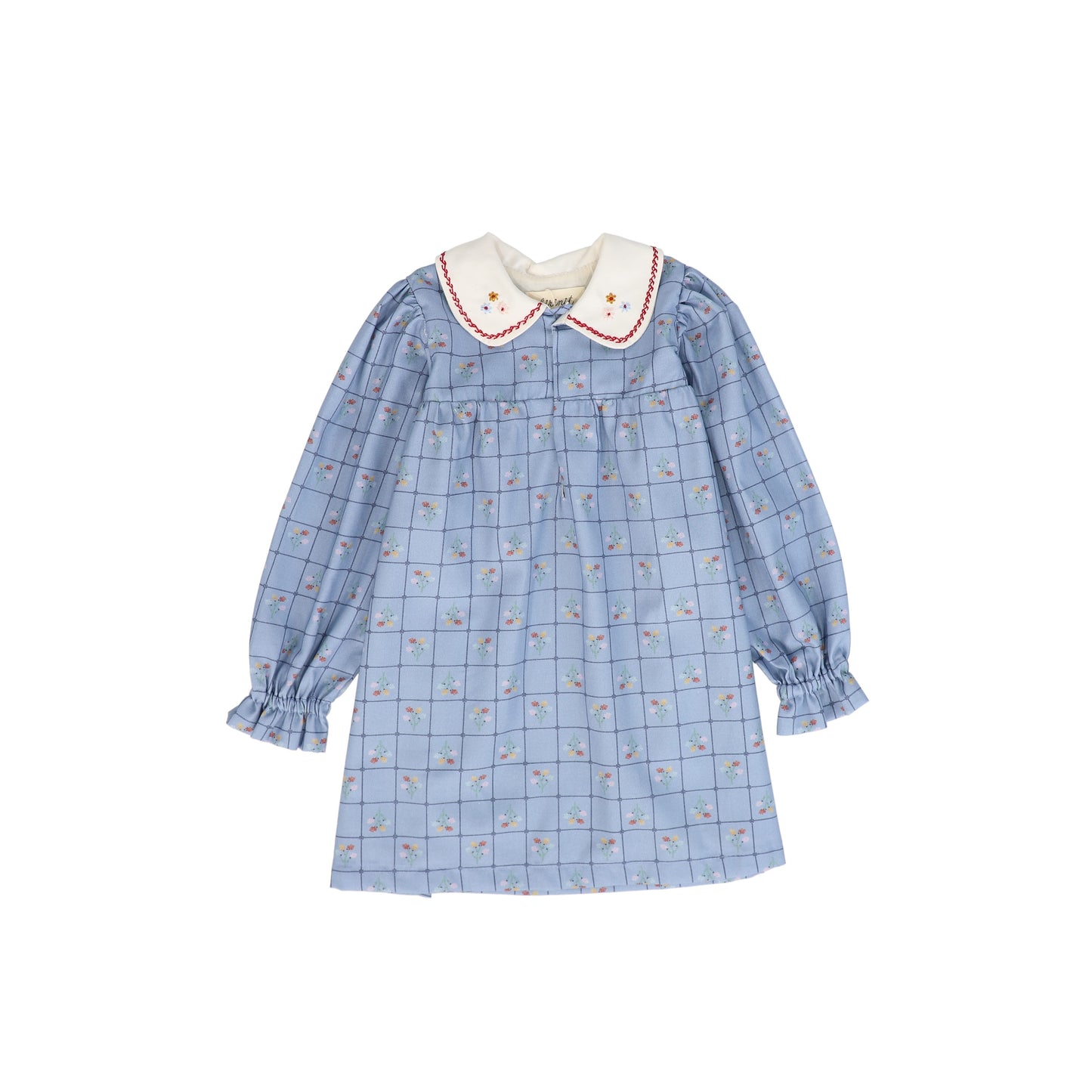 BIRINIT PETITE BLUE FLORAL GRID COLLAR DRESS