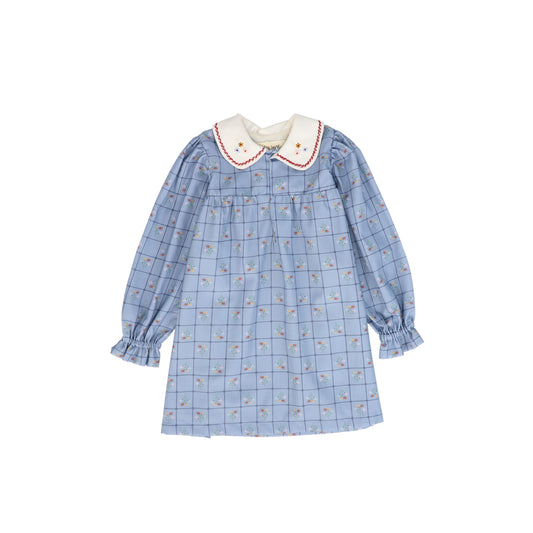BIRINIT PETITE BLUE FLORAL GRID COLLAR DRESS