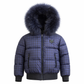 SCOTCH BONNET NAVY FUR TRIM GINGHAM PUFFER COAT