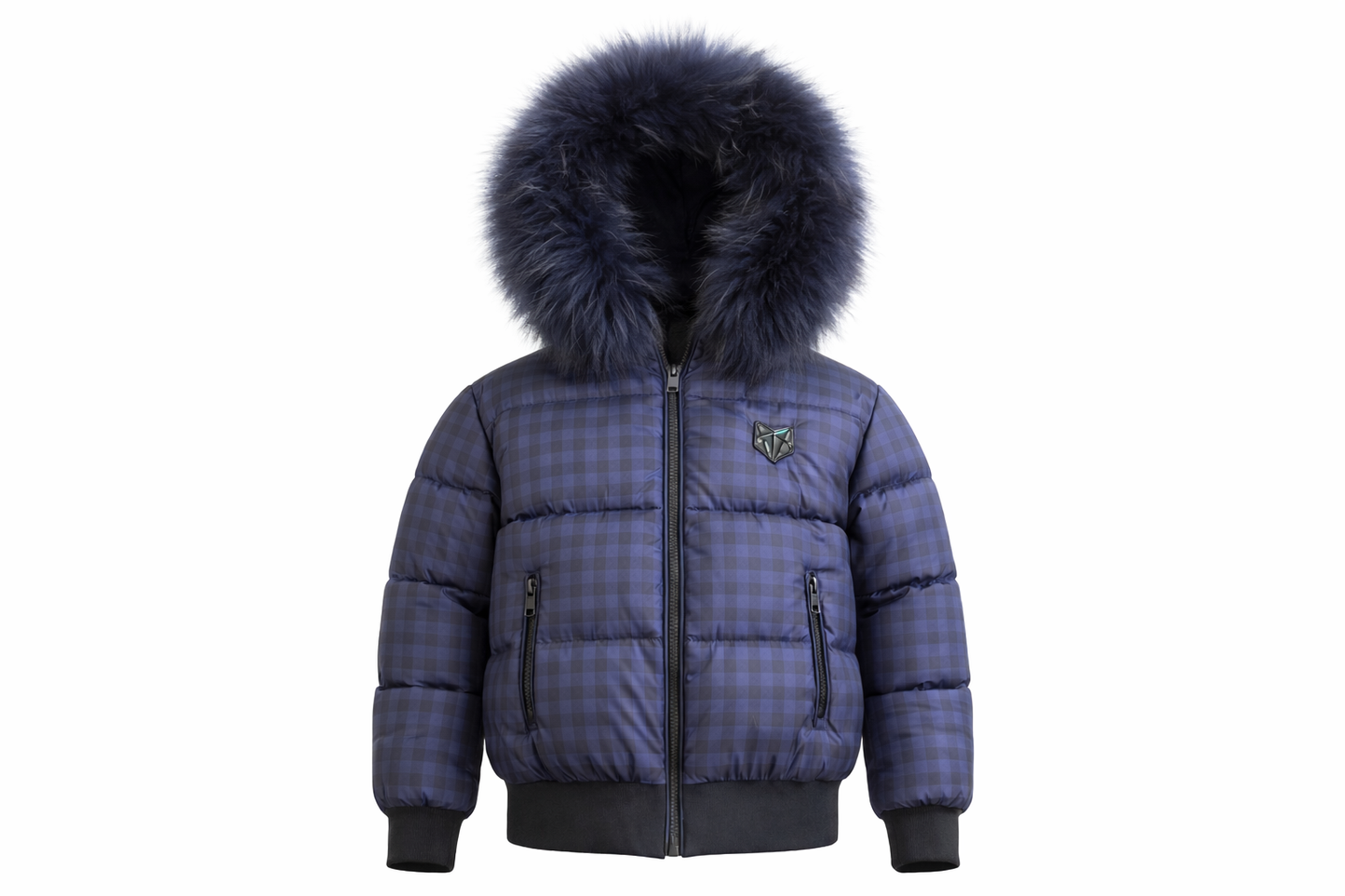 SCOTCH BONNET NAVY FUR TRIM GINGHAM PUFFER COAT