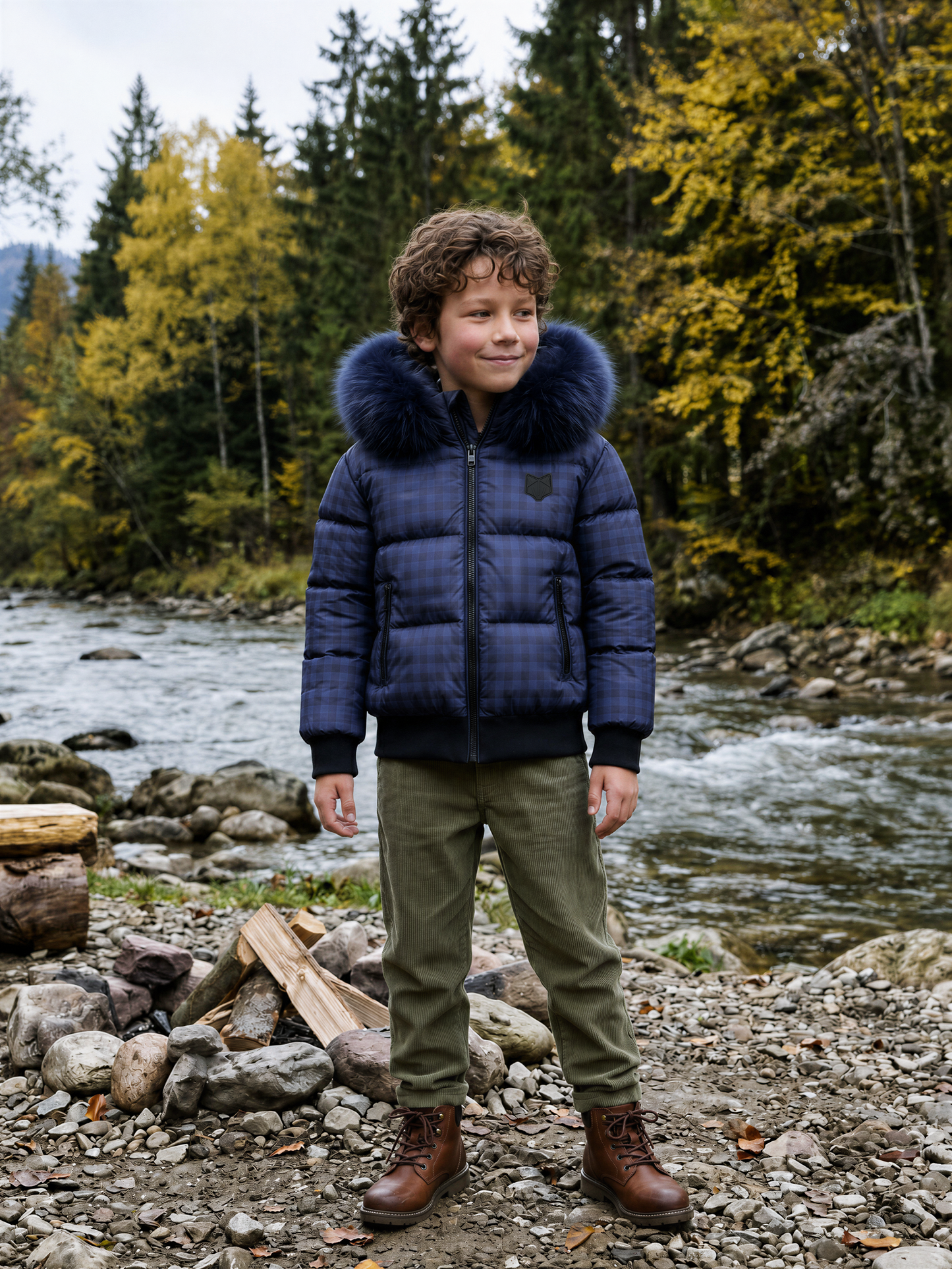 SCOTCH BONNET NAVY FUR TRIM GINGHAM PUFFER COAT
