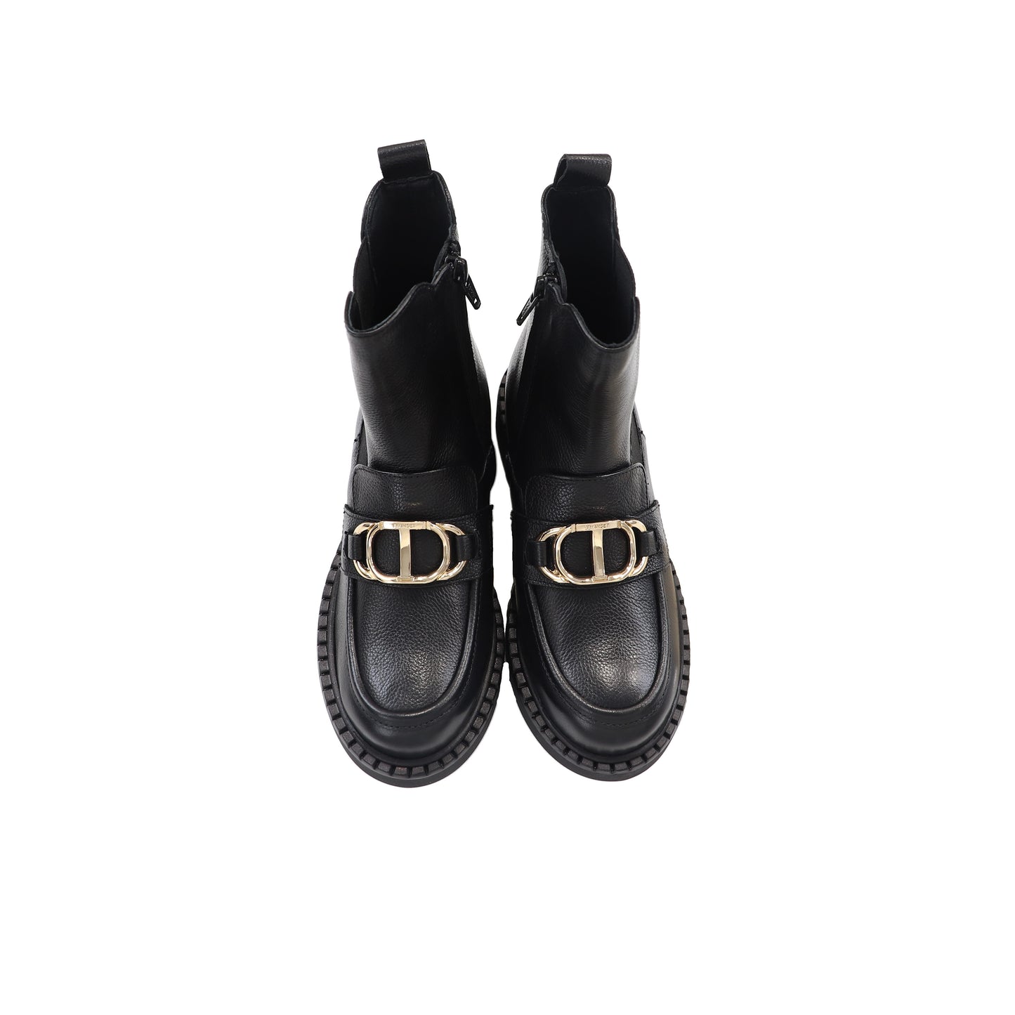 TWINSET BLACK LEATHER LOGO BUCKLE BOOTIE