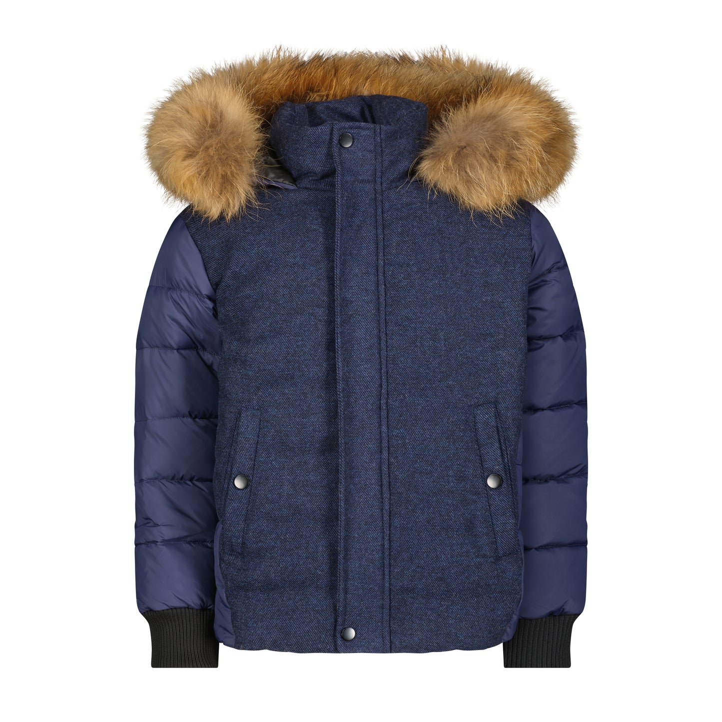 SCOTCH BONNET BLUE DENIM TWEED FUR TRIM PUFFER COAT