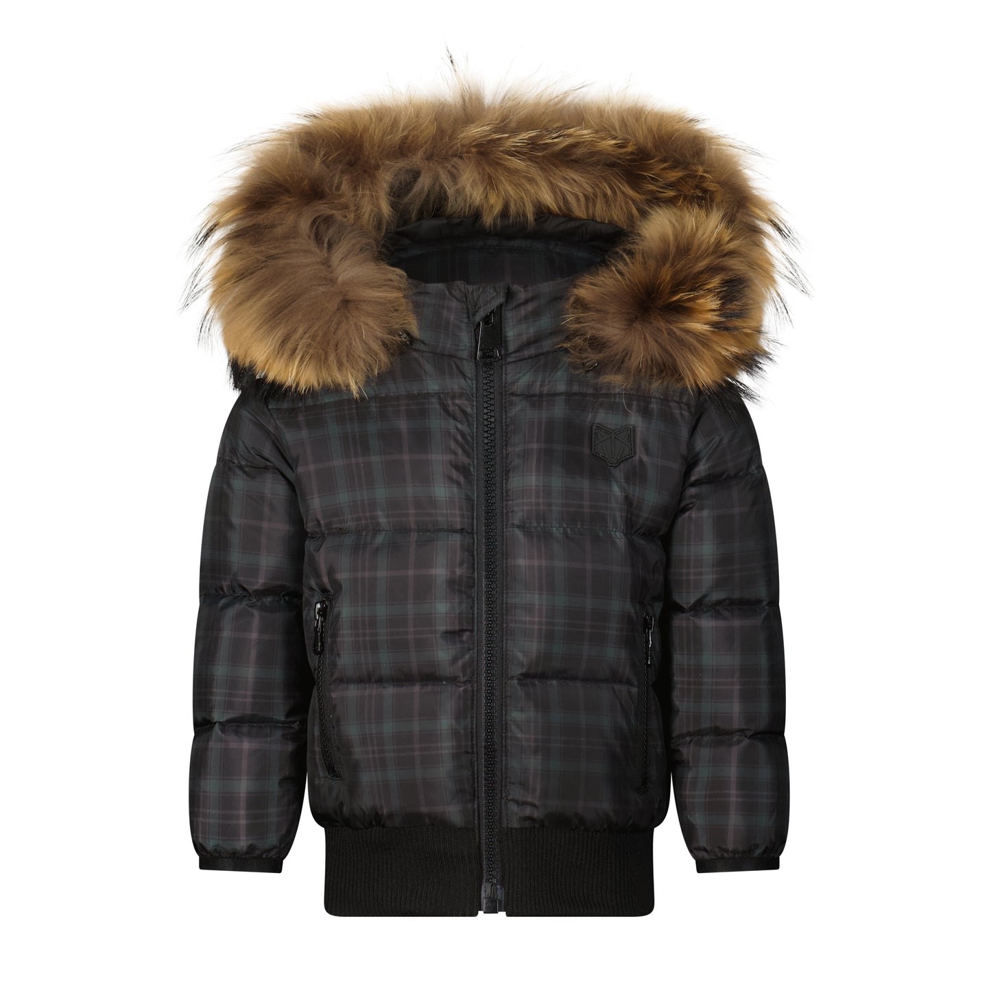 SCOTCH BONNET BLACK/GREEN PLAID FUR TRIM COAT