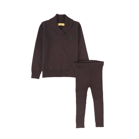 LE BOURDON BROWN WRAP NECK SWEATER LEGGINGS SET