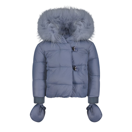 SCOTCH BONNET DUSTY BLUE FUR TRIM PUFFER COAT