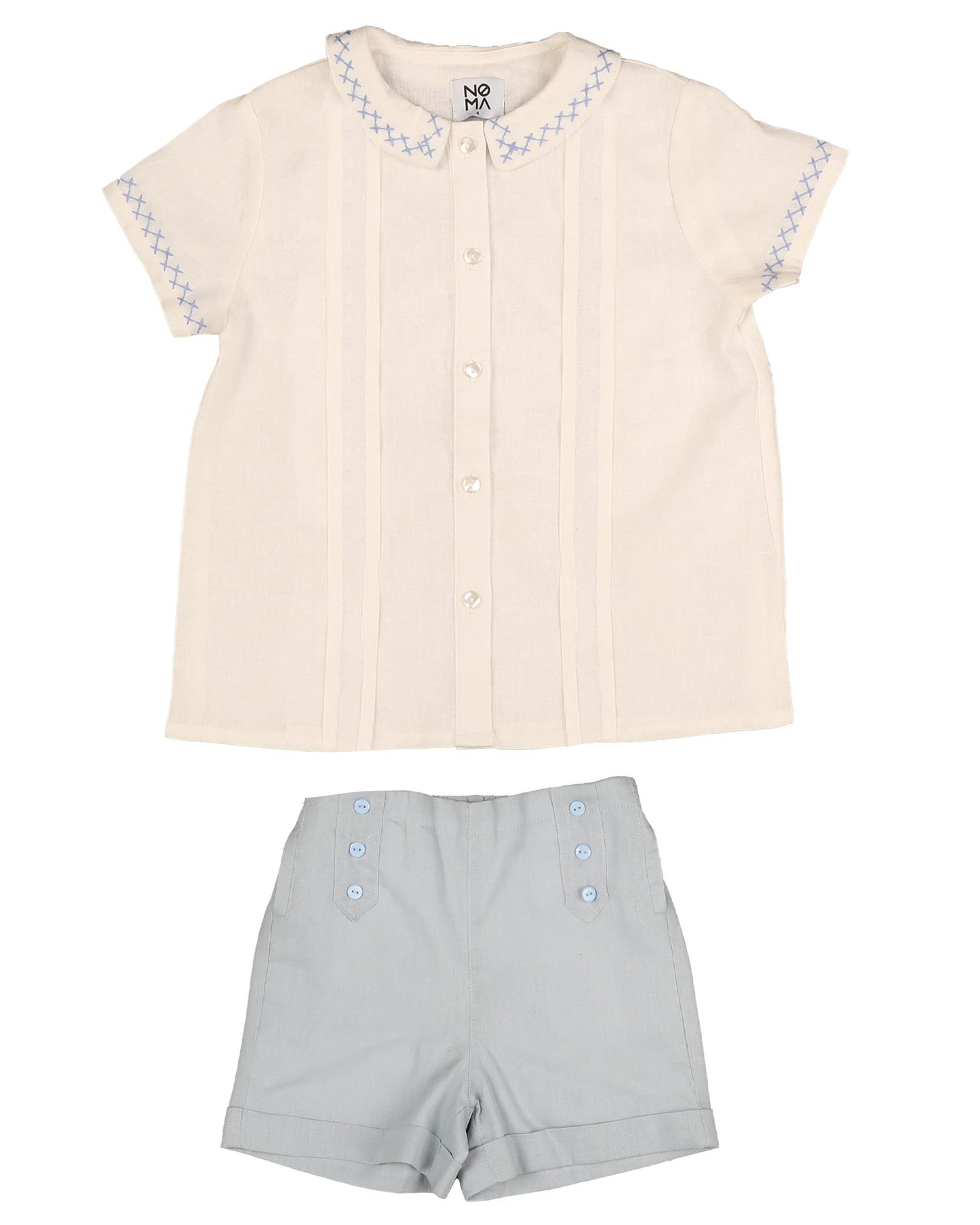 BELATI WHITE/BLUE EMBROIDERED SHORTS SET