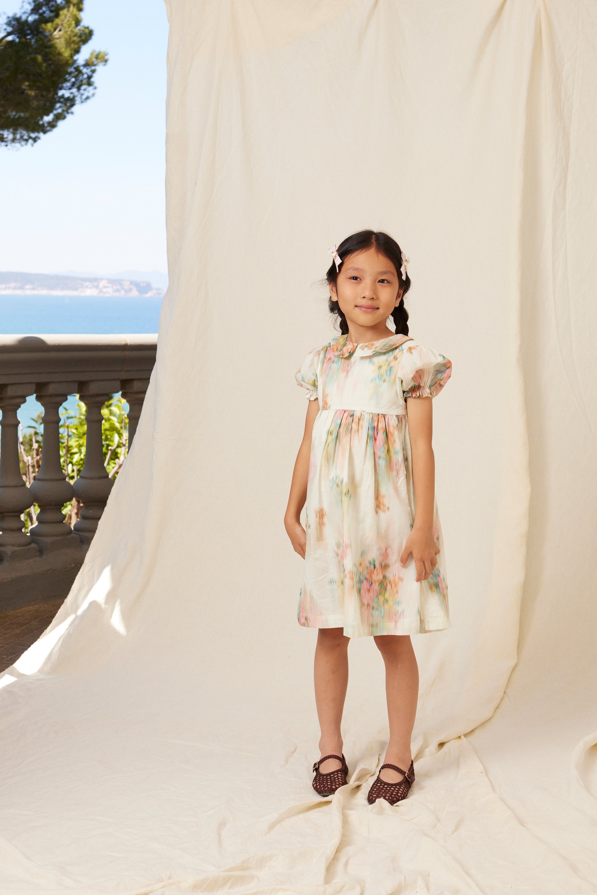 BEBE ORGANIC PINK WATERCOLOR FLORAL COLLAR DRESS