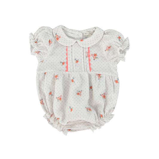 BEBE ORGANIC MISTY WHITE FLORAL DOTTED ROMPER