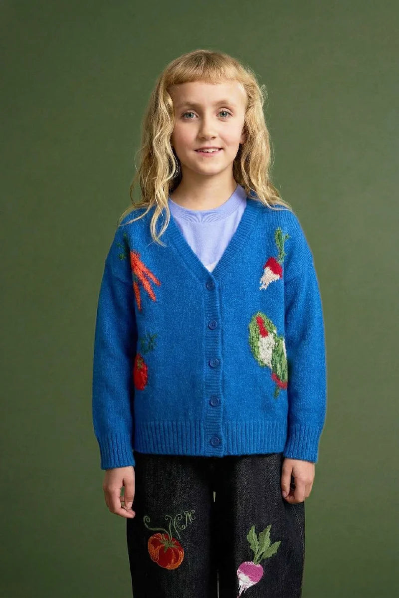 MAISON MANGOSTAN ROYAL BLUE VEGTABLE PRINT KNIT CARDIGAN