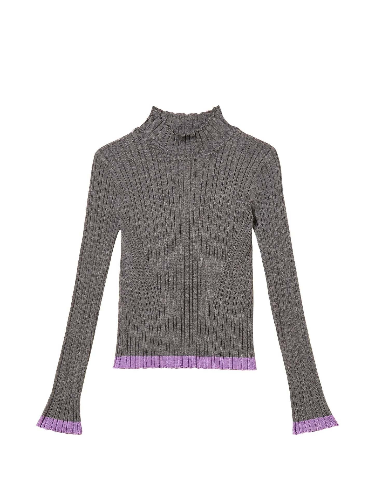 TWINSET HEATHER GREY/PERIWINKLE TRIM RIBBED KNIT SWEATER