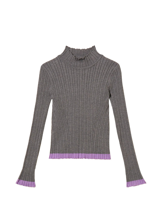 TWINSET HEATHER GREY/PERIWINKLE TRIM RIBBED KNIT SWEATER