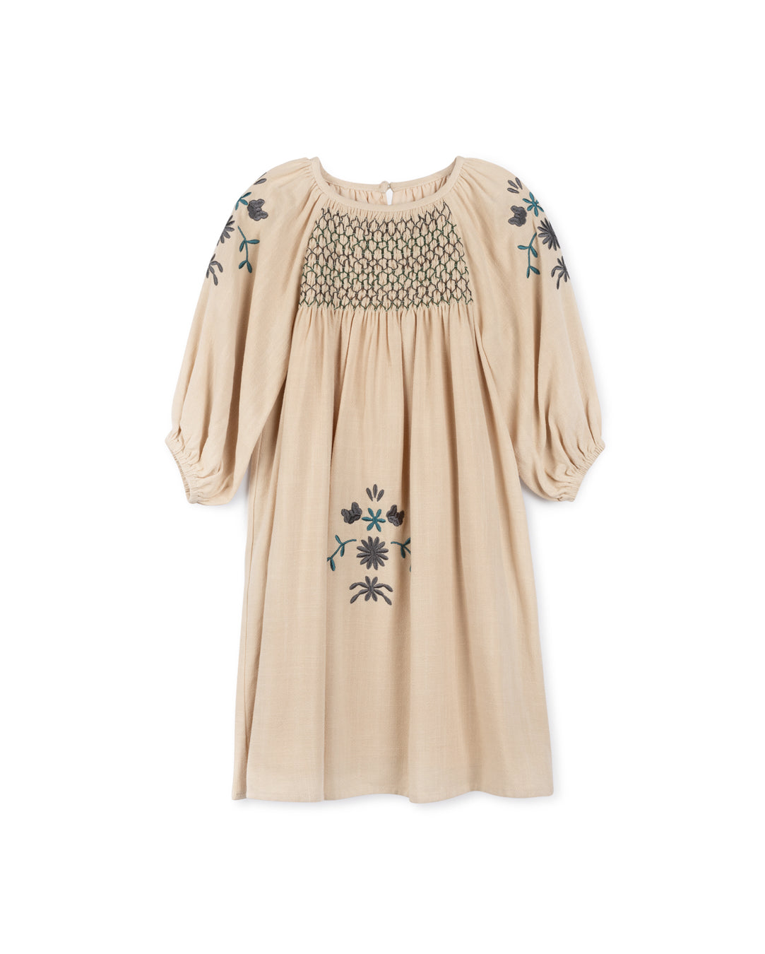 LILOU TAN EMBROIDERED FLOWER SMOCKED DRESS