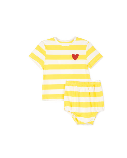 PHIL AND PHOEBE YELLOW PIQUE STRIPED HEART TEE AND BLOOMER SET [FINAL SALE]
