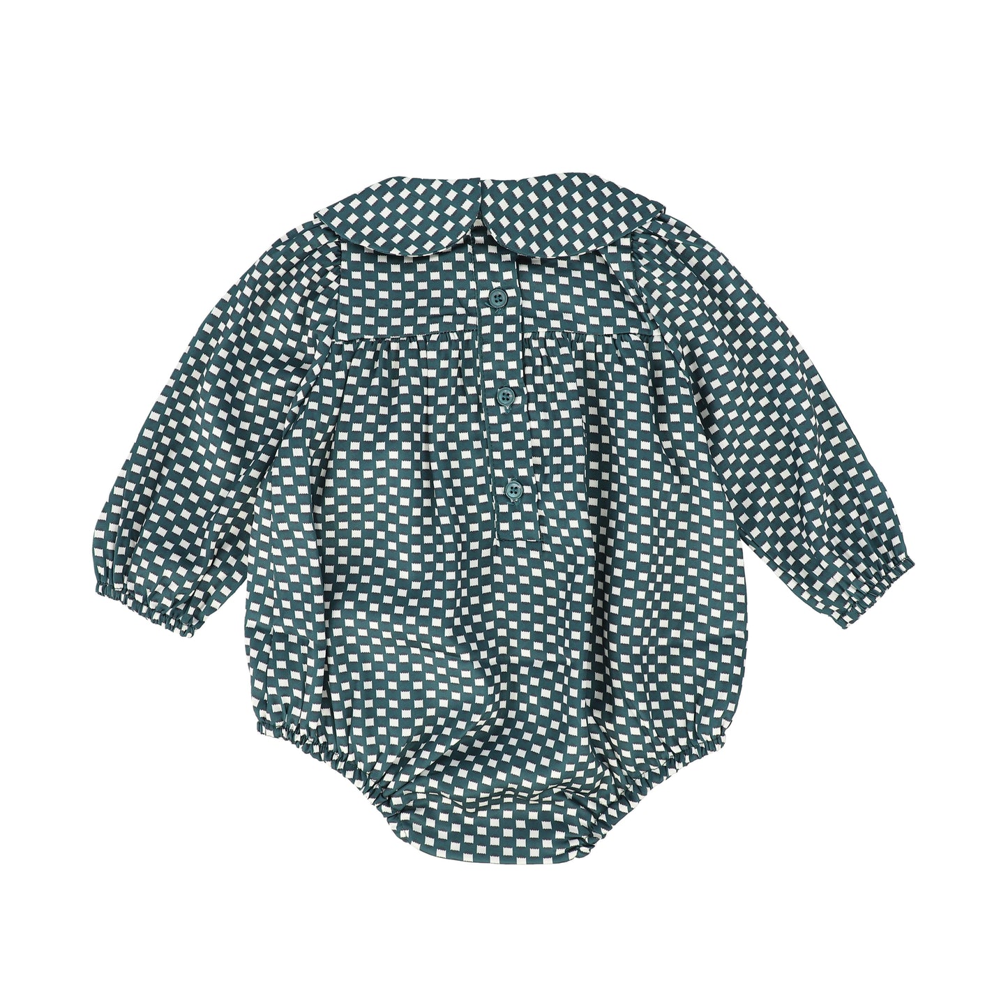 BAMBOO GREEN CHECKED SILK PETER PAN COLLARED ROMPER [Final Sale]