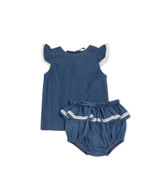 PHIL AND PHOEBE DENIM CHAMBRAY LACE TRIM TANK AND BLOOMERS SET