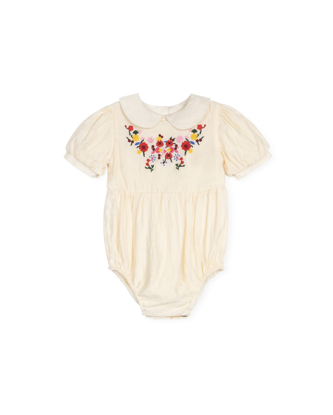 LILOU BEIGE FLORAL EMBROIDERED PUFF SLEEVE ROMPER