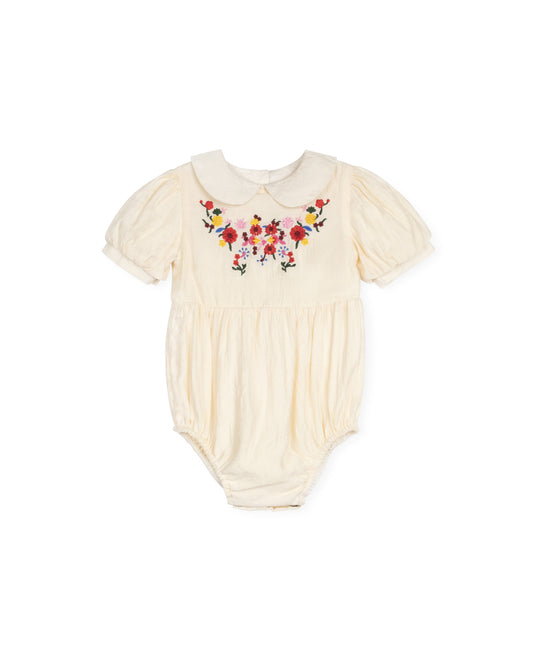 LILOU BEIGE FLORAL EMBROIDERED PUFF SLEEVE ROMPER [FINAL SALE]