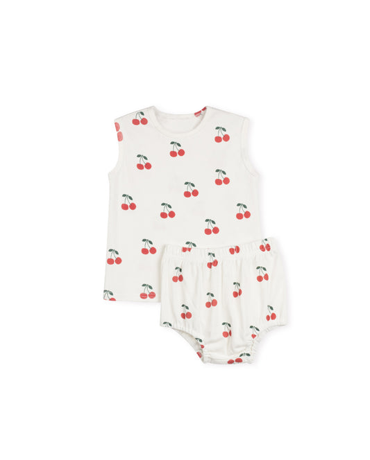 PHIL AND PHOEBE WHITE CHERRY SKETCH TEE AND BLOOMER SET