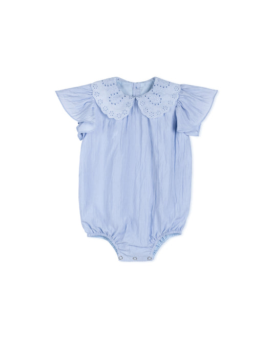 ONE CHILD LIGHT BLUE LINEN SWING LACE COLLARED ROMPER