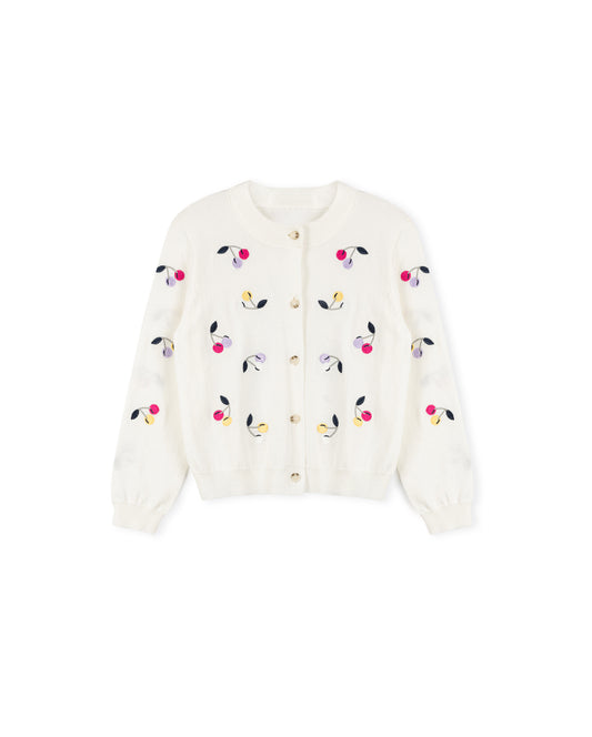 LILOU WHITE EMBROIDERED CHERRY CARDIGAN