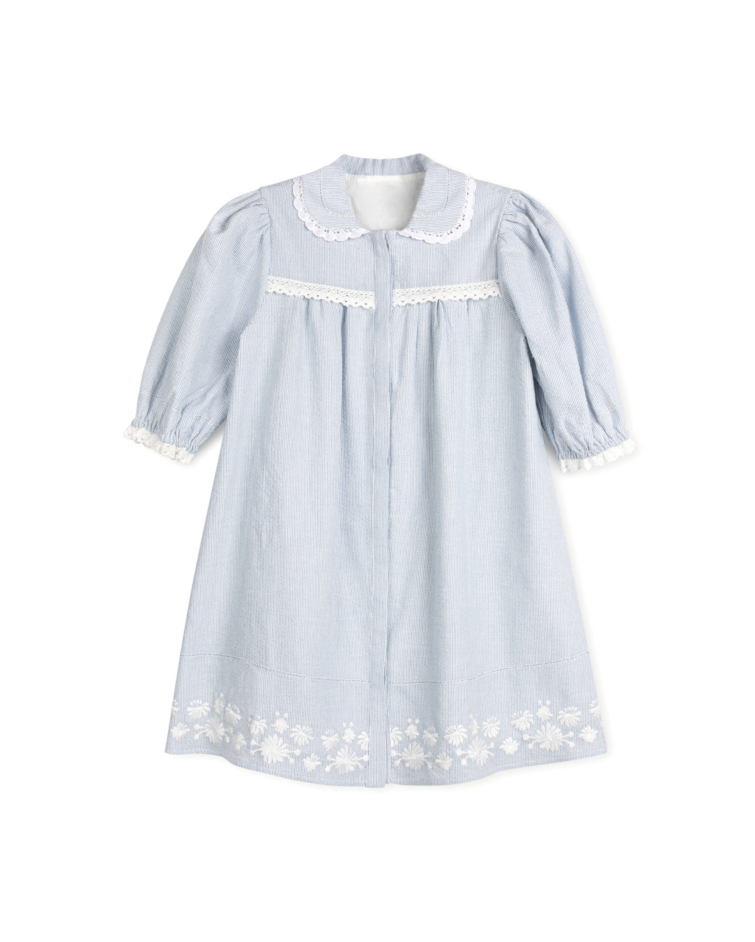 ONE CHILD BLUE STRIPED LACE TRIM EMBROIDERED DRESS