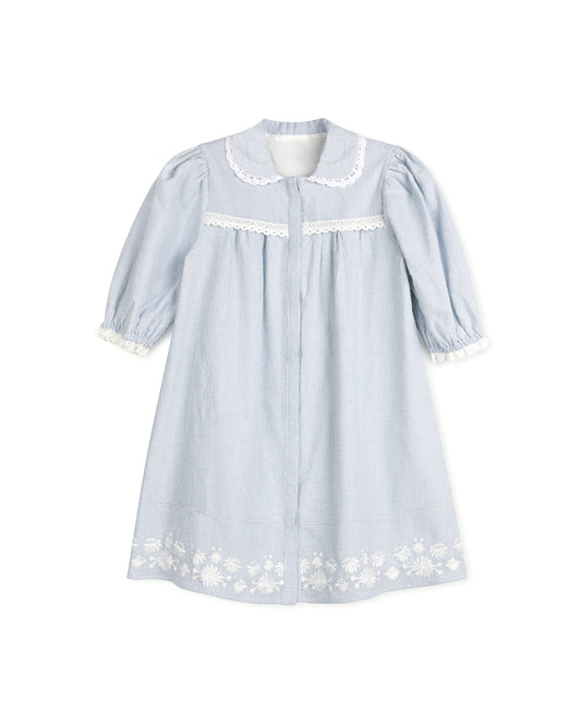 ONE CHILD BLUE STRIPED LACE TRIM EMBROIDERED DRESS