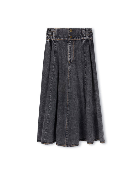 VIBE BLACK DENIM SIDE SMOCKING MIDI SKIRT