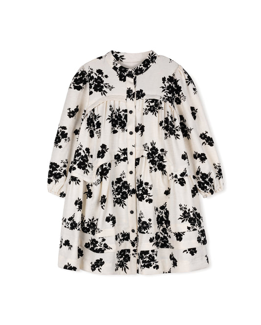 LILOU IVORY/BLACK FLORAL SHIRRED BOTTOM DRESS [FINAL SALE]