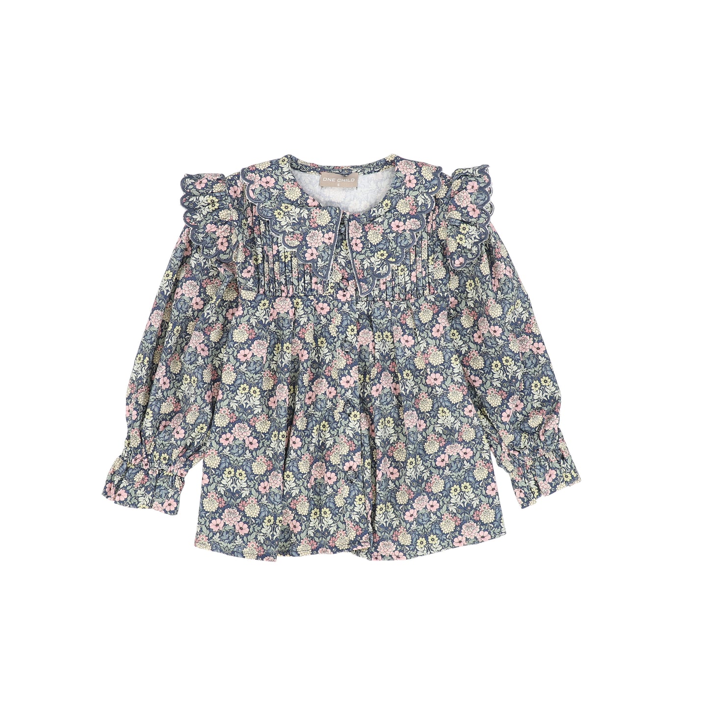 ONE CHILD PINK/GREEN FLORAL SCALLOP TRIM BLOUSE