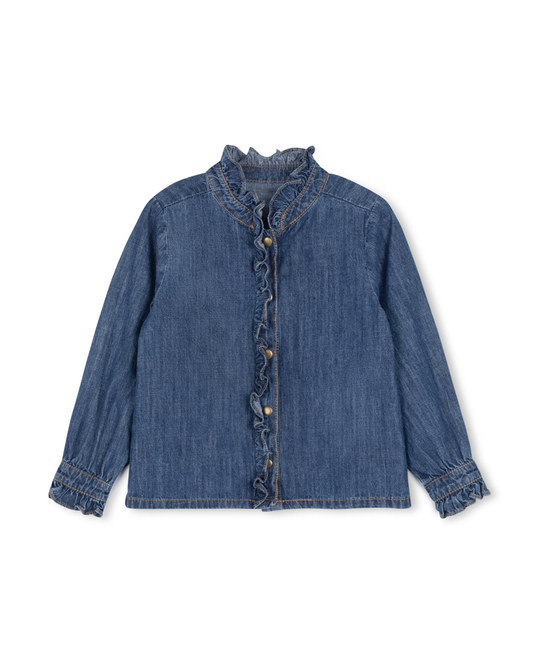 PHIL AND PHOEBE BLUE DENIM RUFFLE TRIM BLOUSE [FINAL SALE]