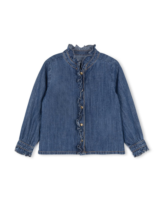 PHIL AND PHOEBE BLUE DENIM RUFFLE TRIM BLOUSE