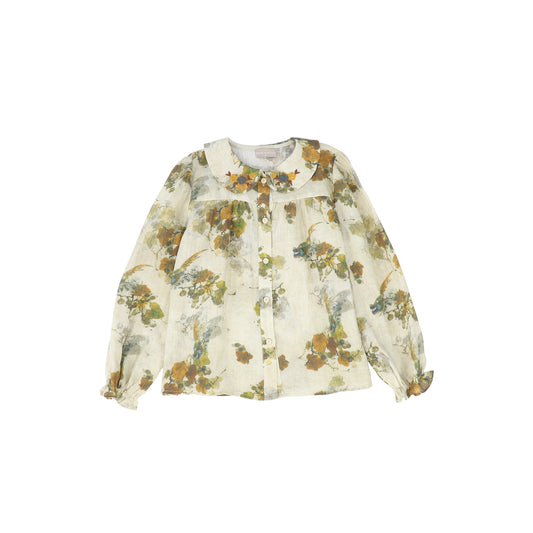 ONE CHILD BROWN/GREEN FLORAL COLLAR BLOUSE