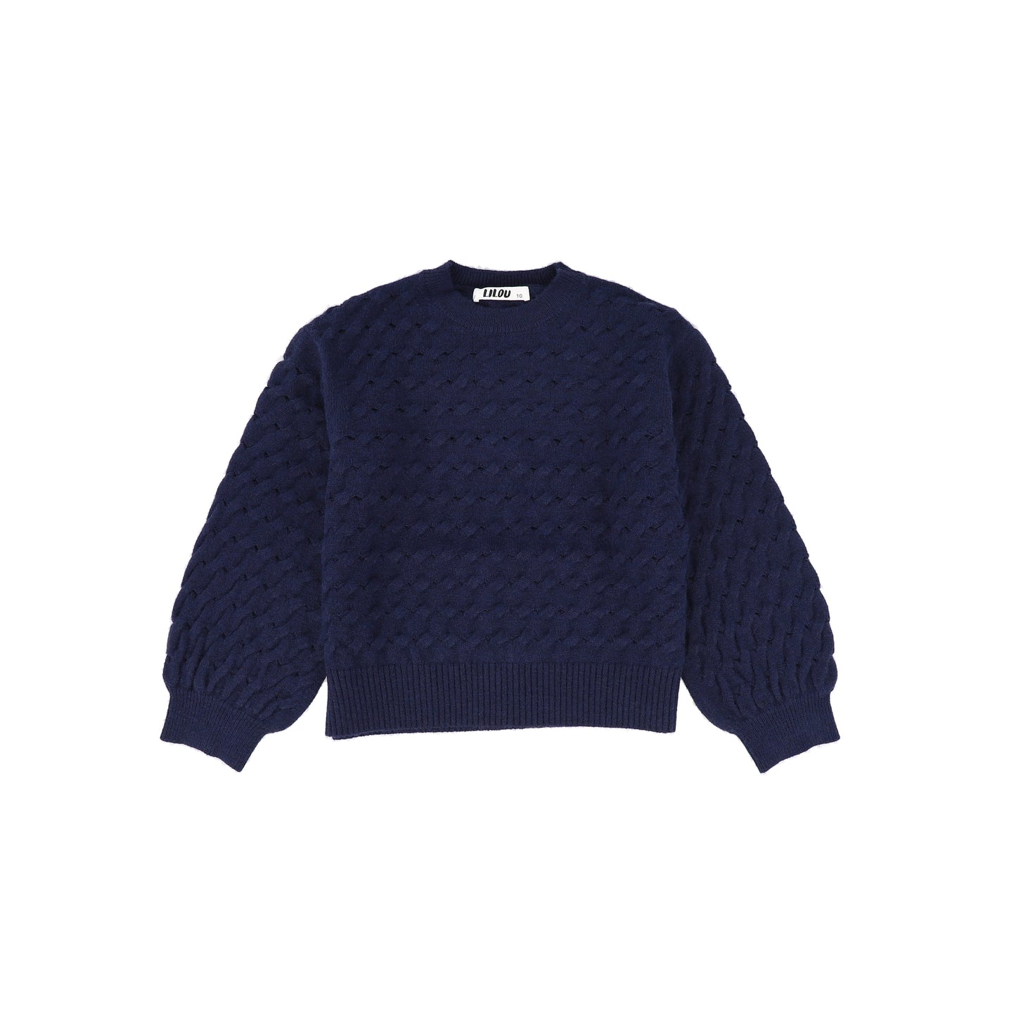 LILOU NAVY CABLE KNIT HOLE SWEATER