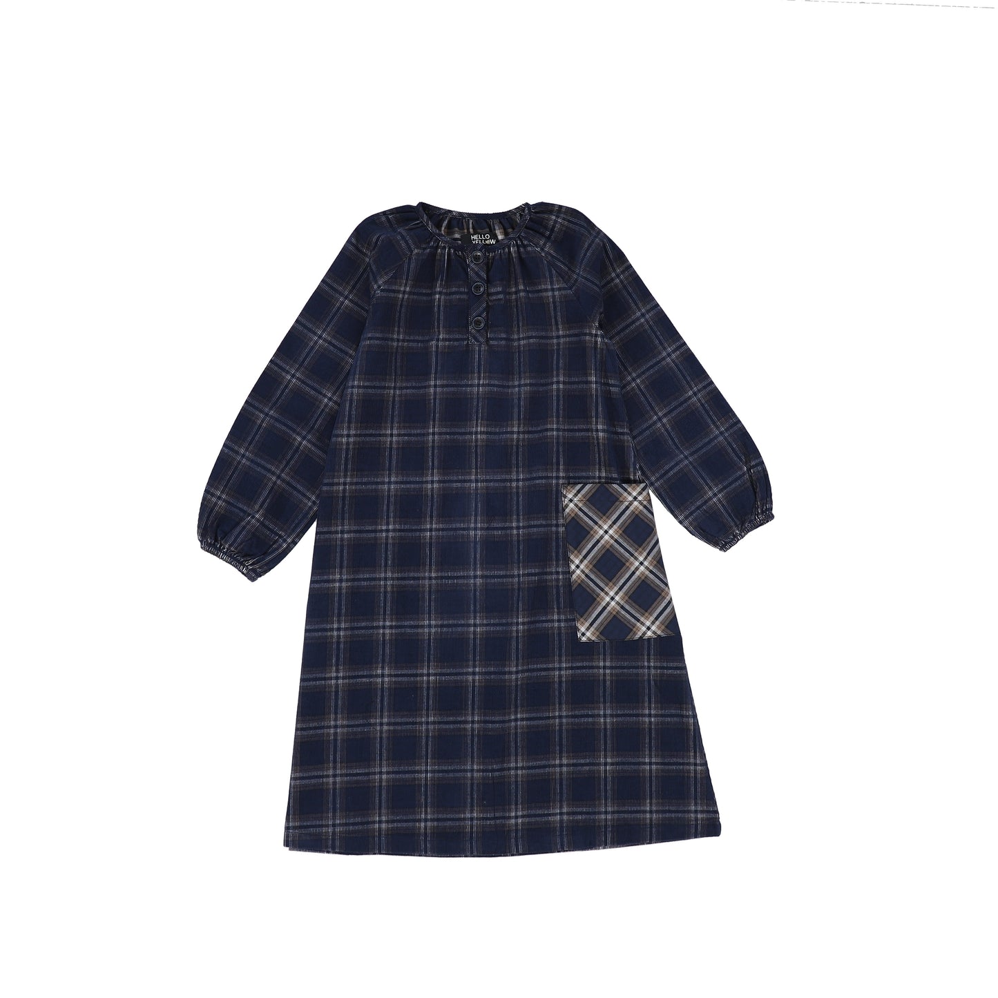 HELLO YELLOW BLUE PLAID SIDE POCKET SHIRT DRESS [FINAL SALE]