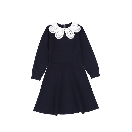 Bamboo Navy Textured Knit Detail Collar Dress