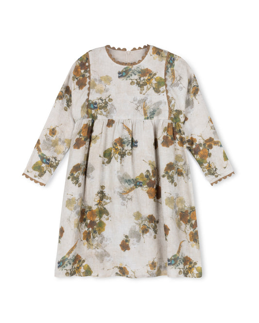 ONE CHILD BROWN/GREEN FLORAL LINEN SCALLOP TRIM DRESS [FINAL SALE]