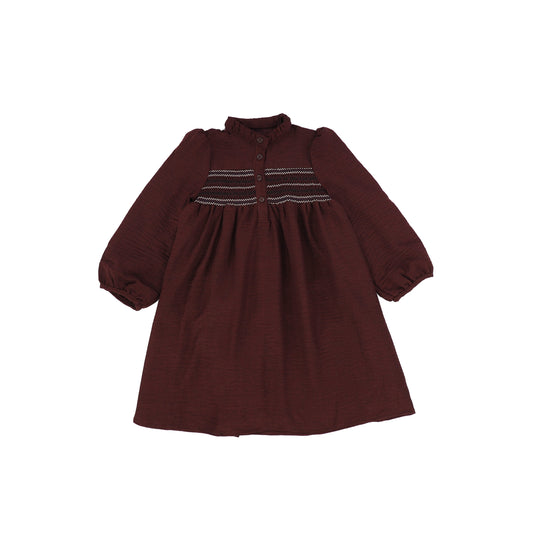 LILOU BURGUNDY SMOCKING SHIRRED DRESS