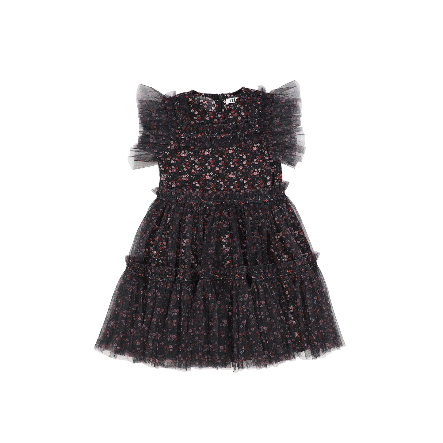 LILOU BLACK/PINK TINY FLORAL TULLE DRESS