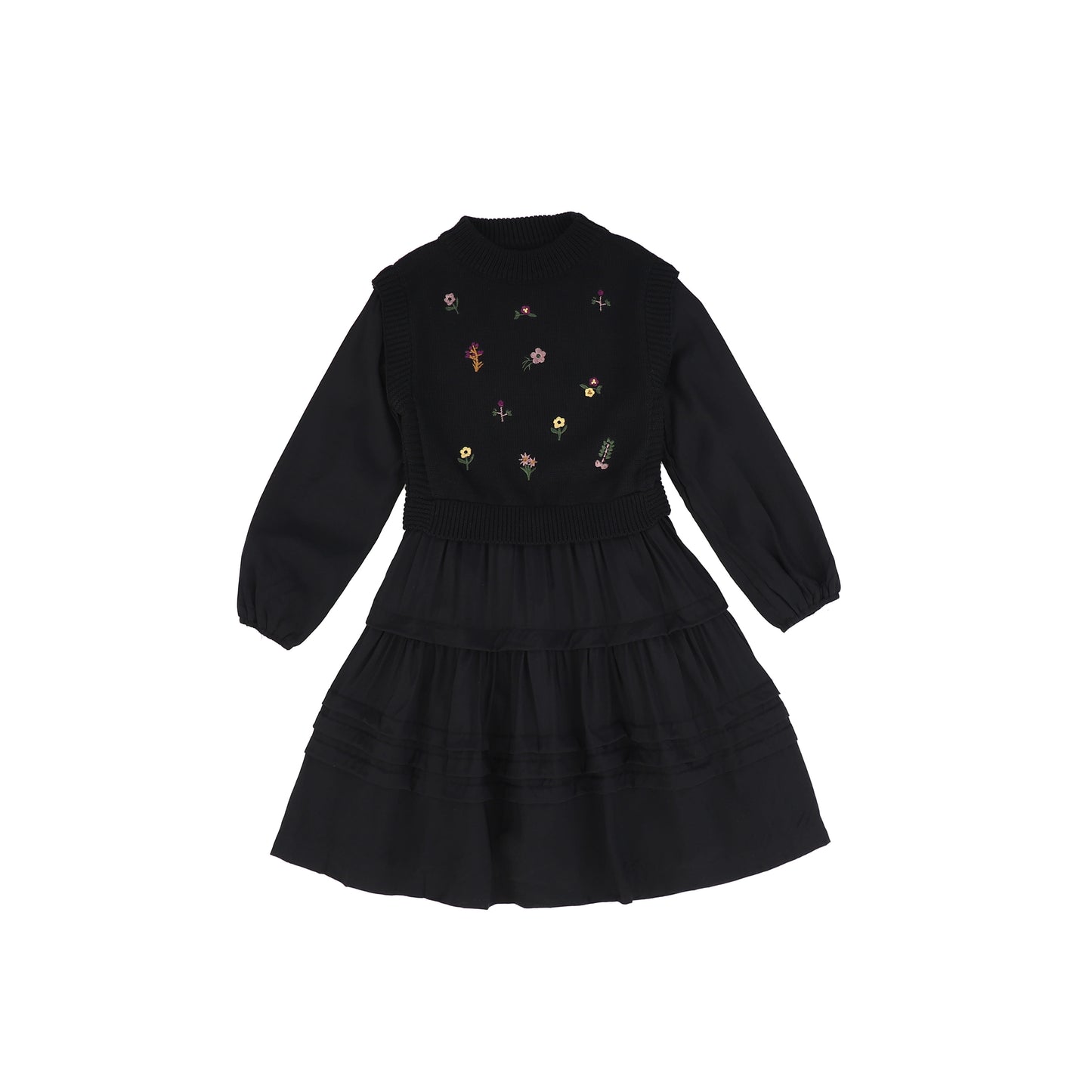 LILOU BLACK EMBROIDERED FLORAL VEST DRESS [FINAL SALE]