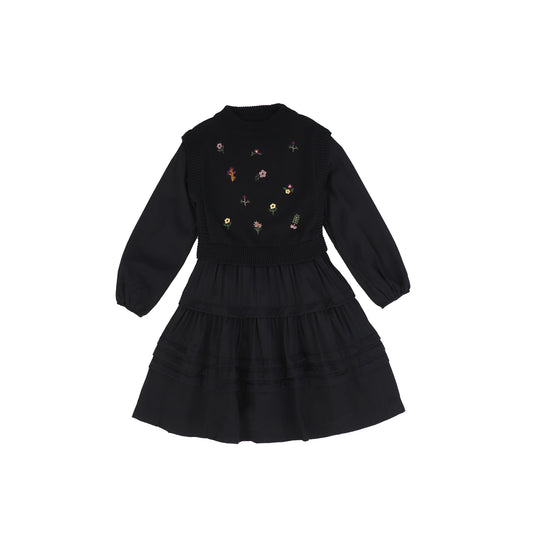 LILOU BLACK EMBROIDERED FLORAL VEST DRESS