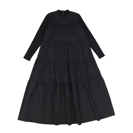 LILOU BLACK POPLIN TIERED MAXI DRESS