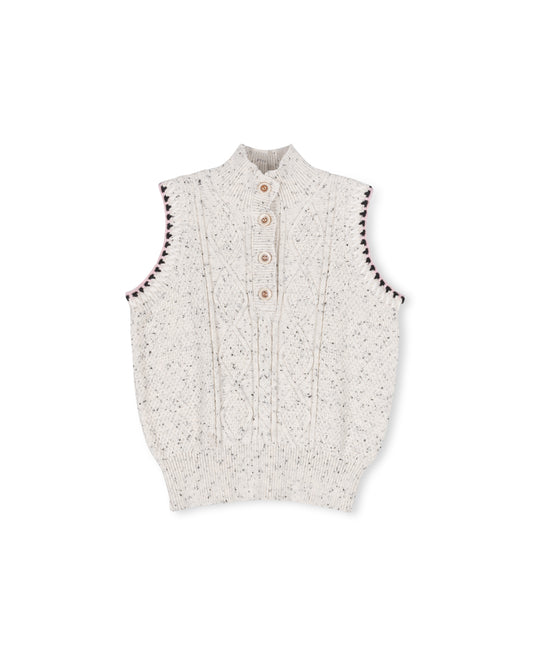 LILOU OATMEAL MARLED KNIT BRAID TRIM VEST