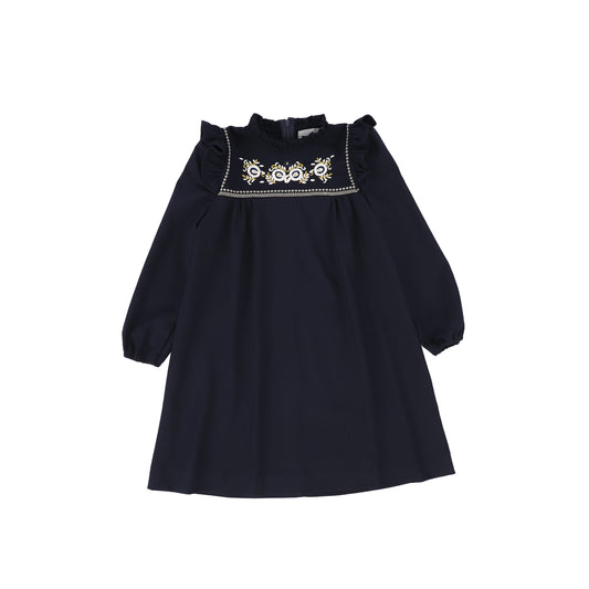 Bace Collection Navy Embroidery Ruffle Shoulder Dress